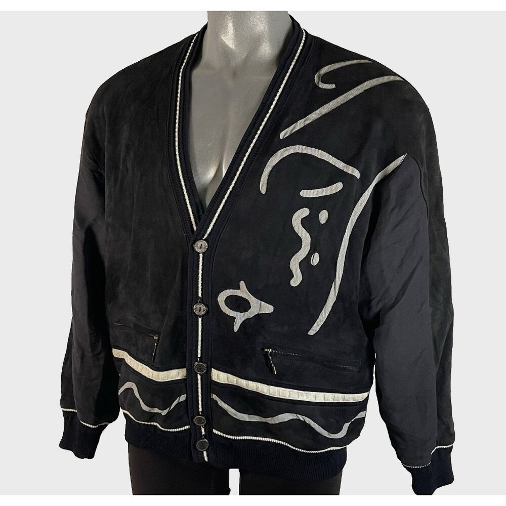 Vintage Torras Leather Suede Jacket sz 42 Abstract Art Bomber Cardigan Black 80s